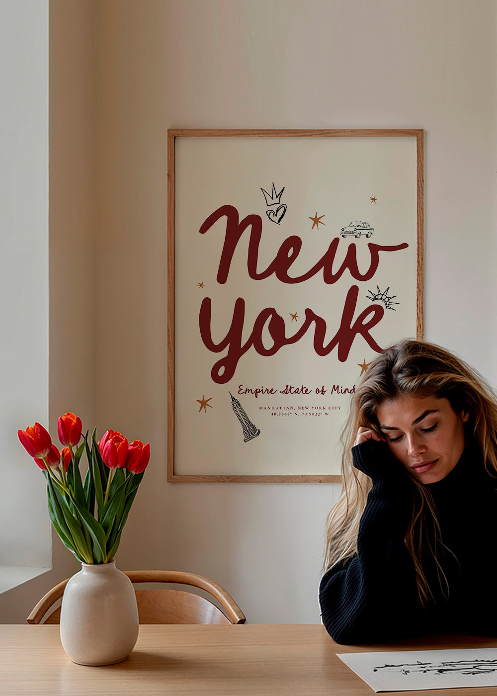 Travel poster New York with burgundy lettering