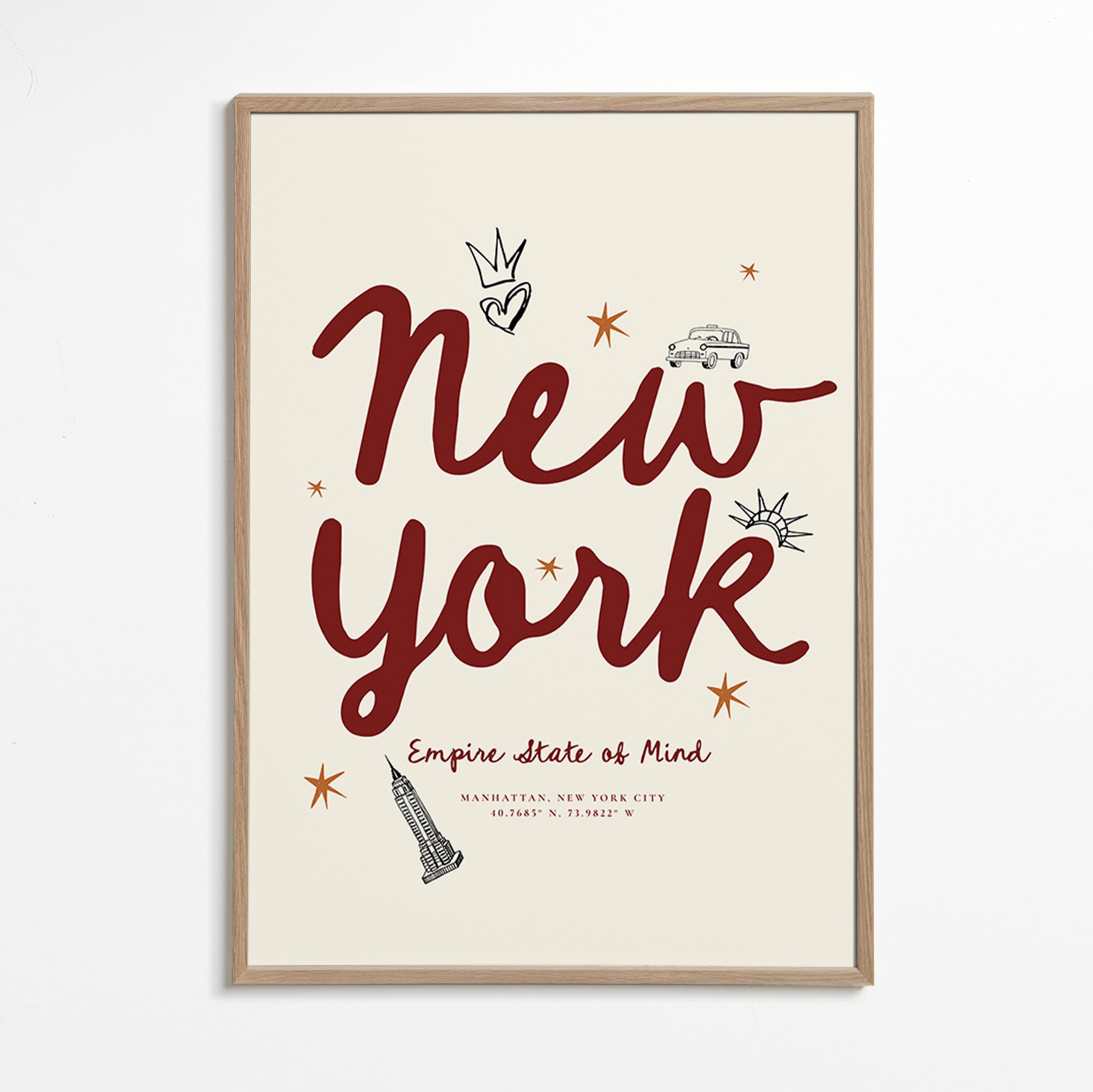 Travel poster New York with burgundy lettering