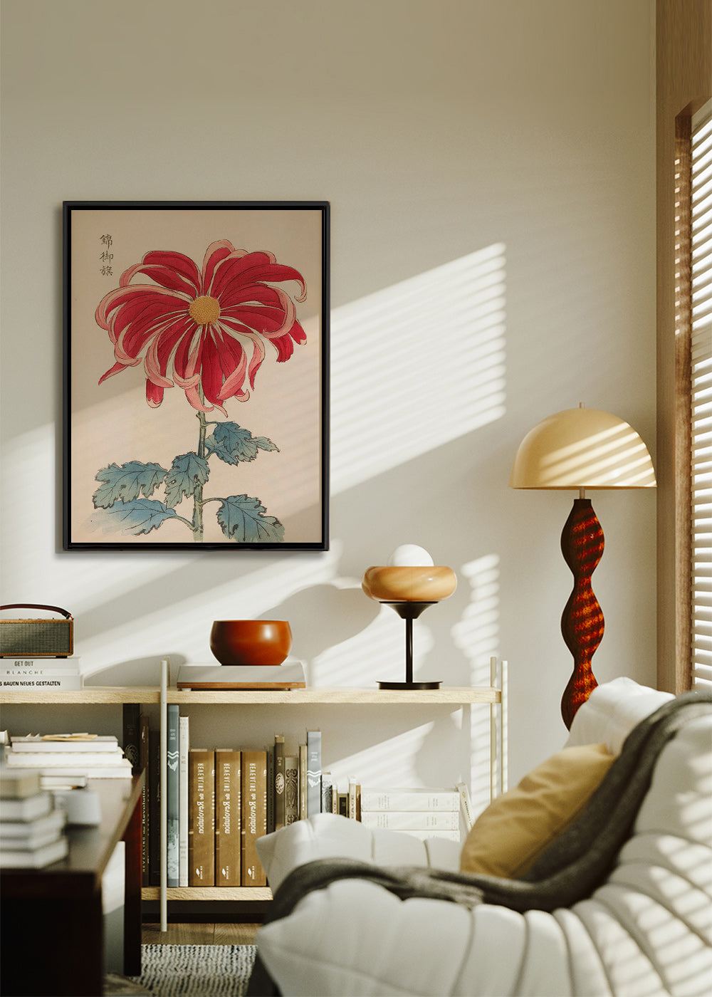 Botanical print Japanese chrysanthemum red