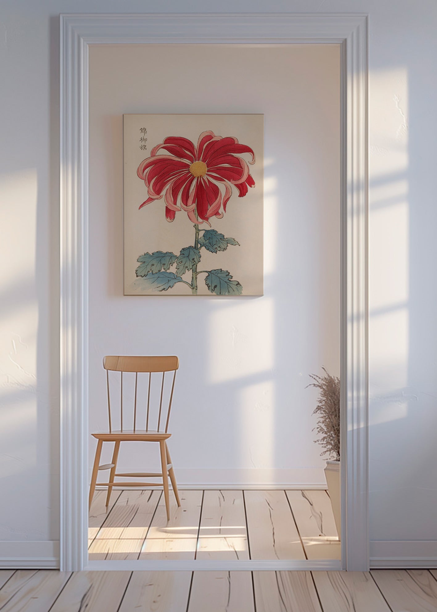 Botanical print Japanese chrysanthemum red