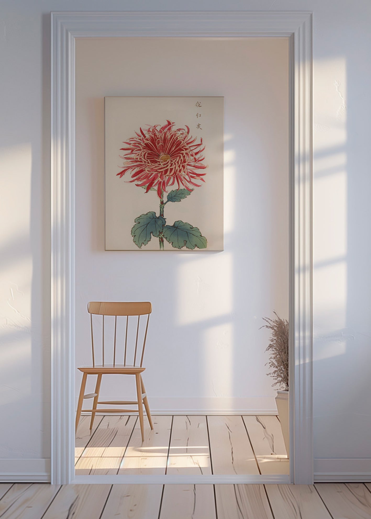 Botanical print red chrysanthemum detailed