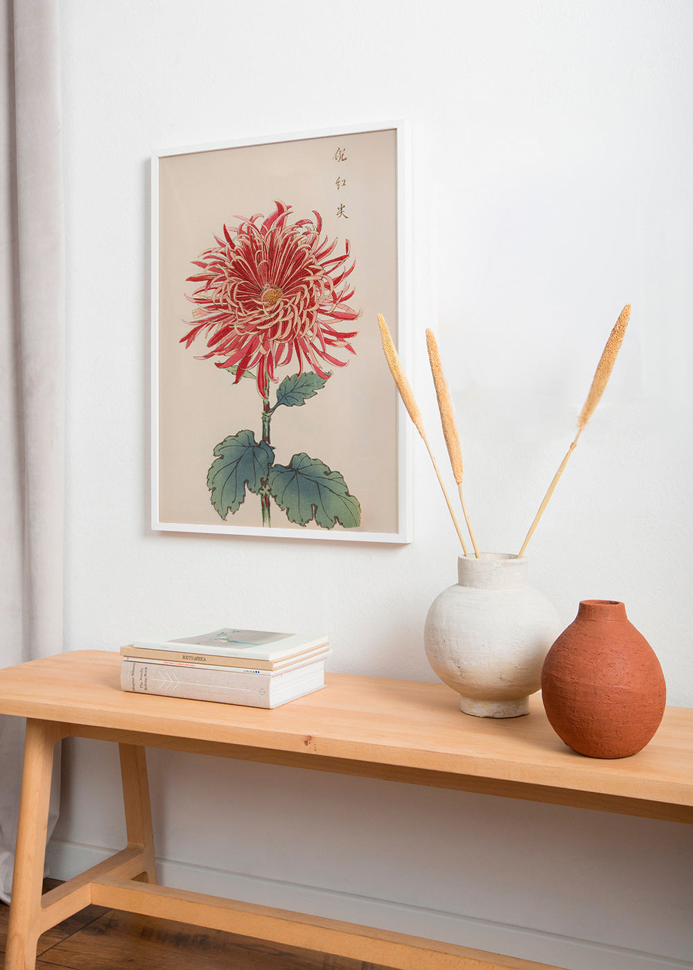 Botanical print red chrysanthemum detailed