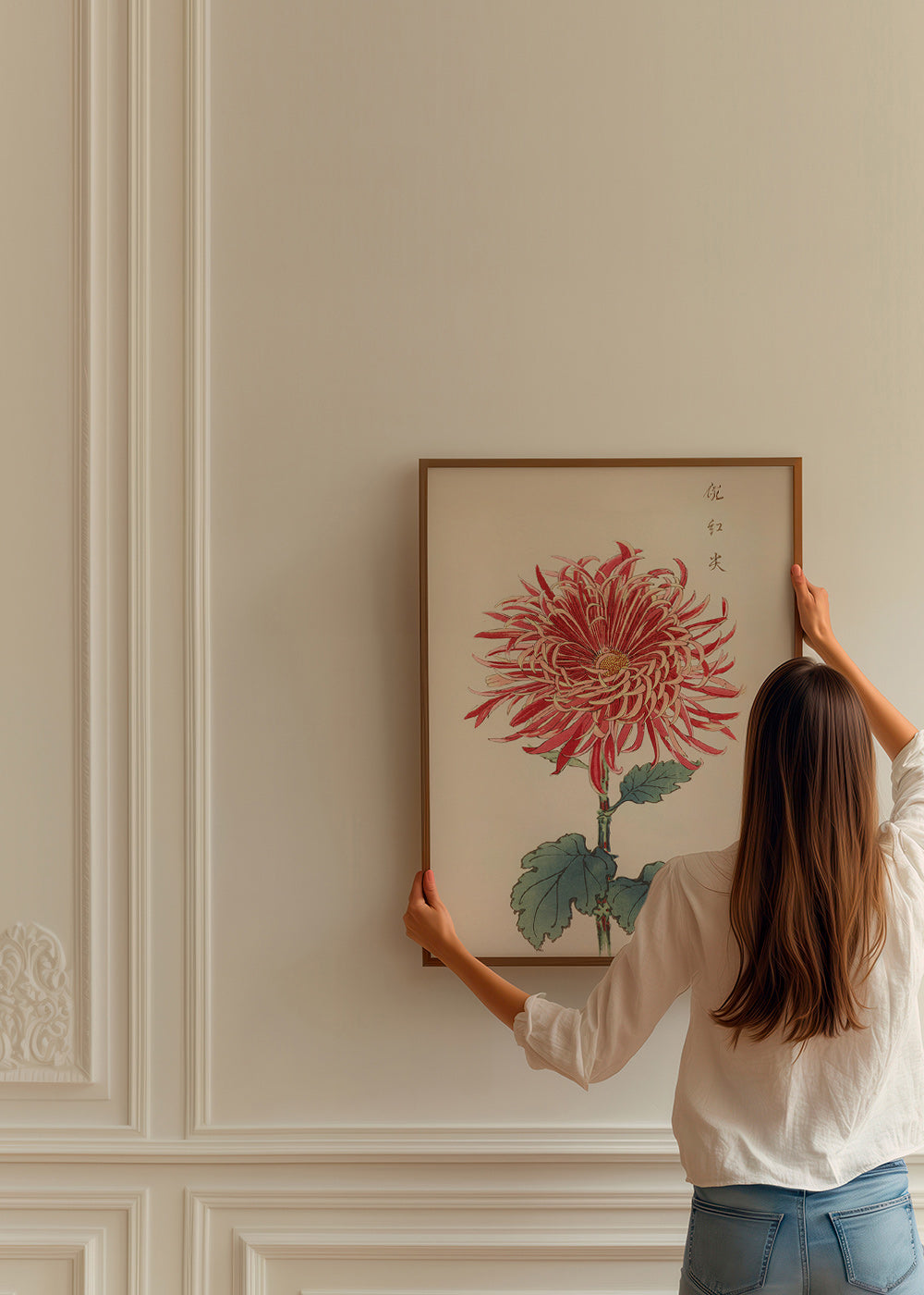 Botanical print red chrysanthemum detailed