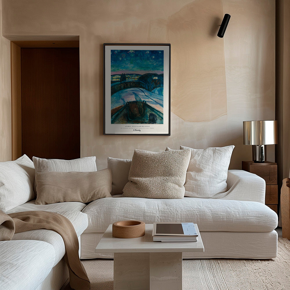 Landscape art with starry sky and snowy hills