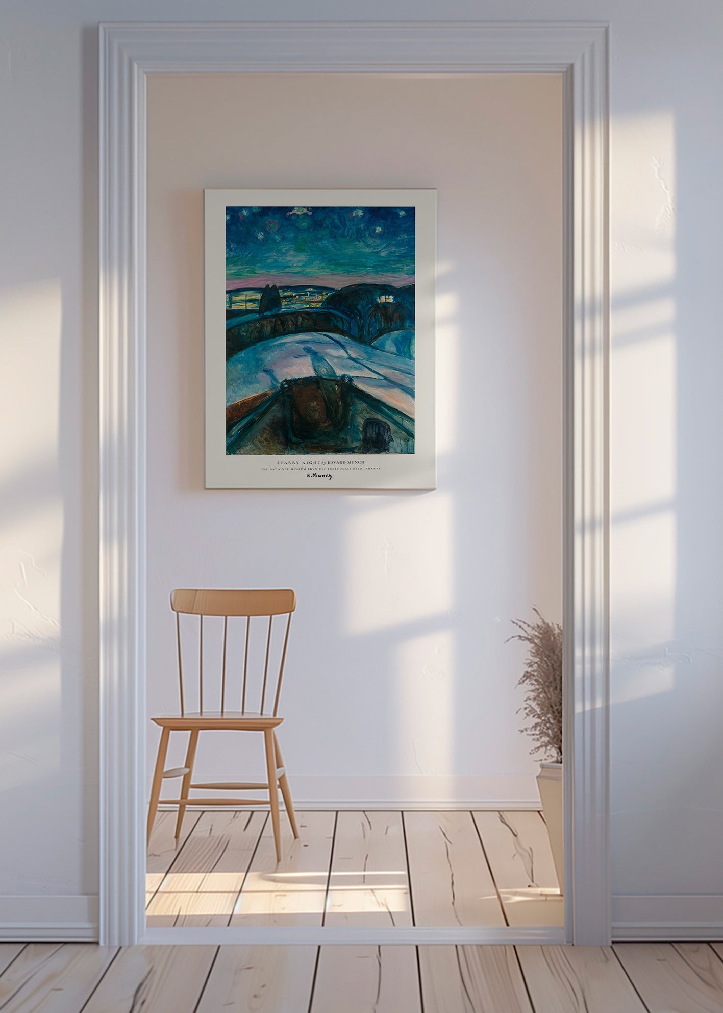 Landscape art with starry sky and snowy hills