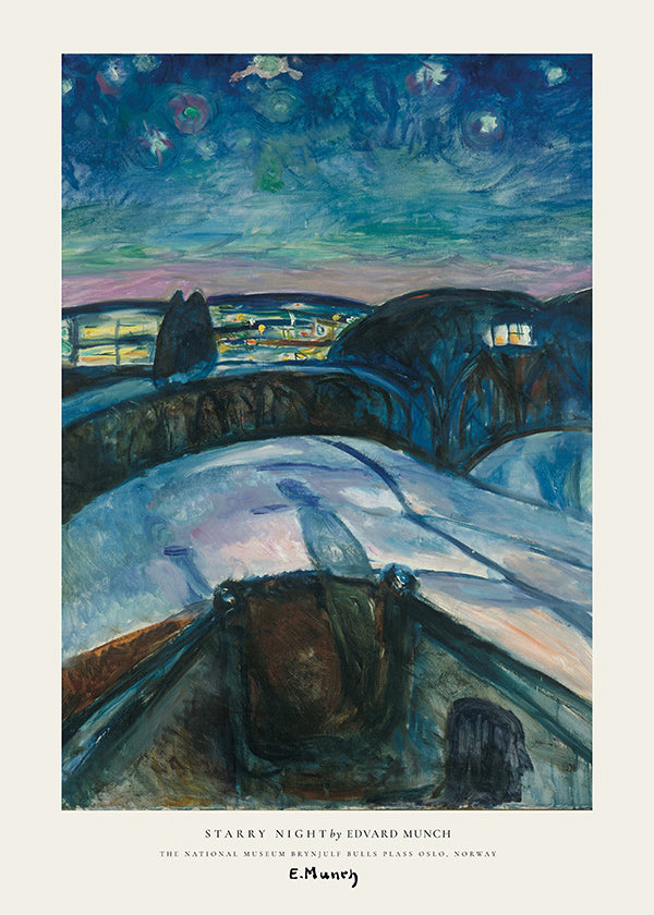 Landscape art with starry sky and snowy hills