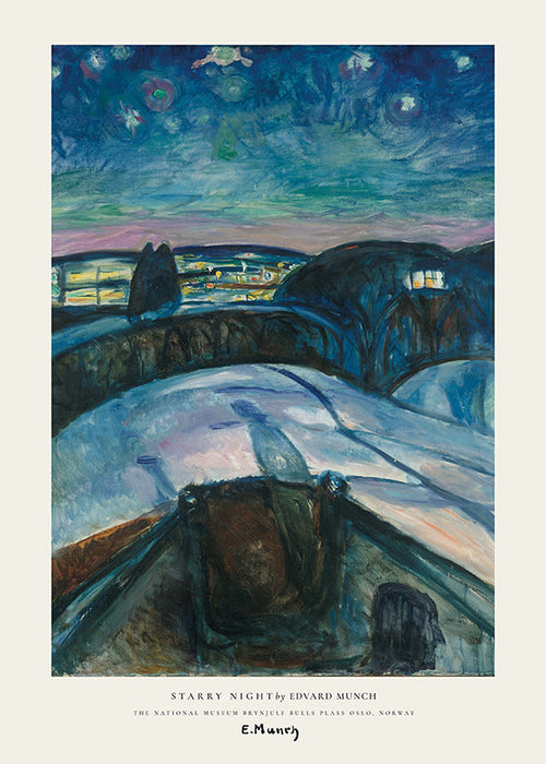 Landscape art with starry sky and snowy hills