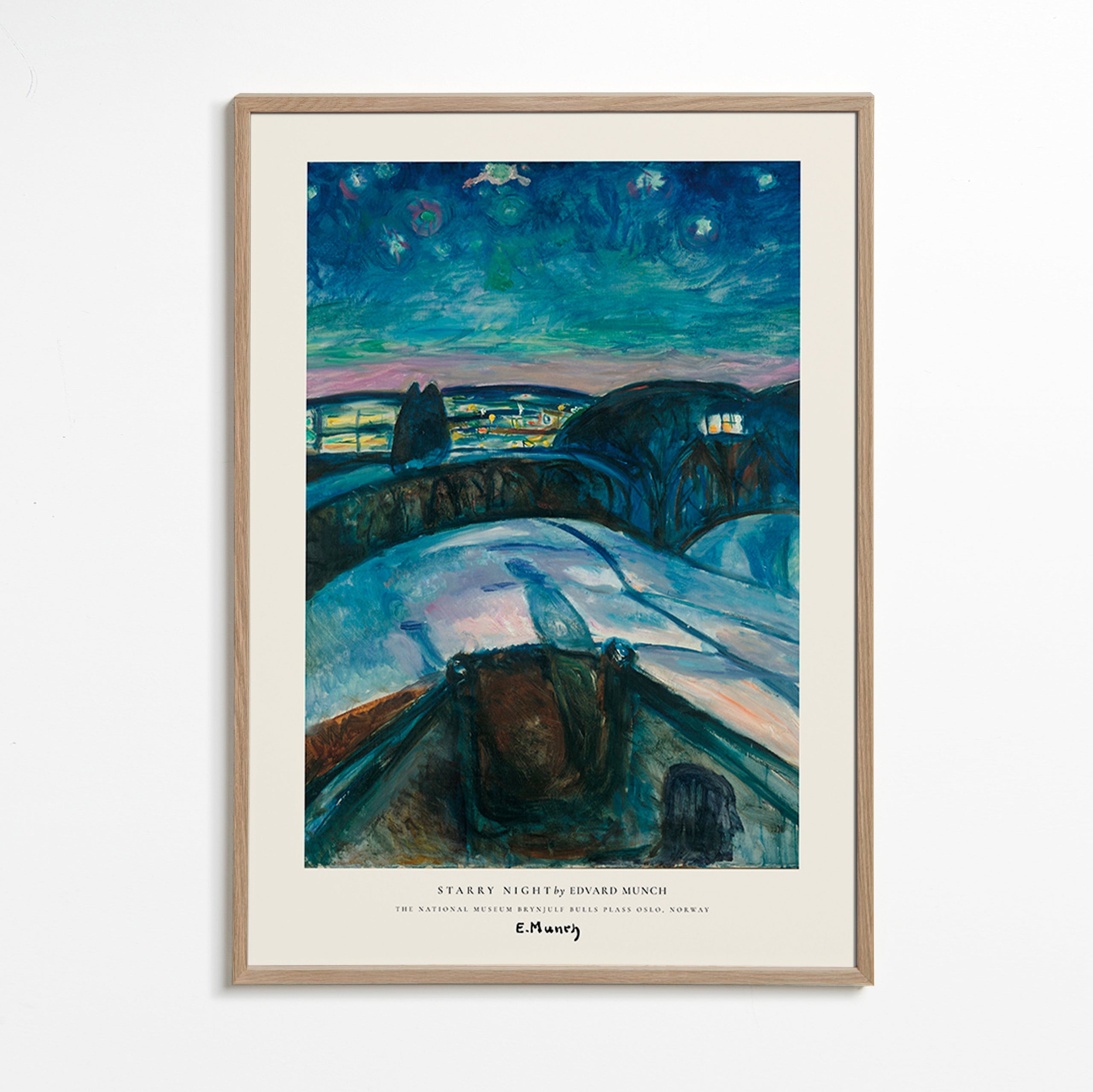 Landscape art with starry sky and snowy hills