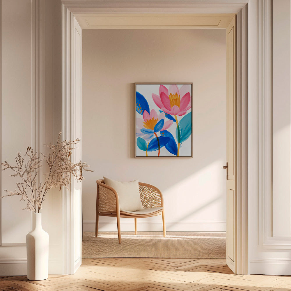 Botanical print pink and blue blooms