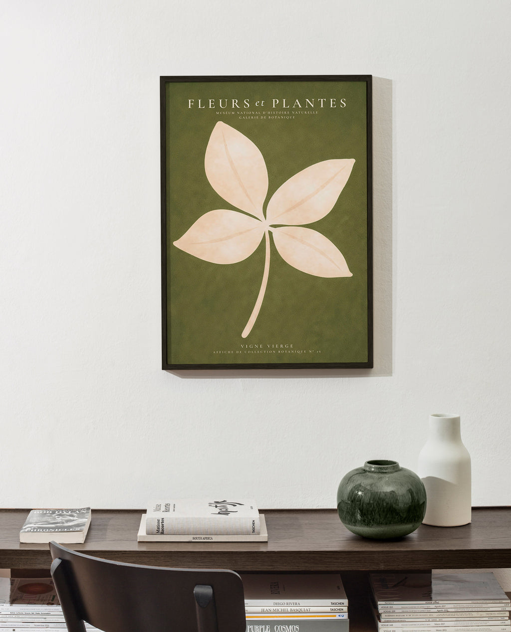 Botanical print: cream leaf on green field