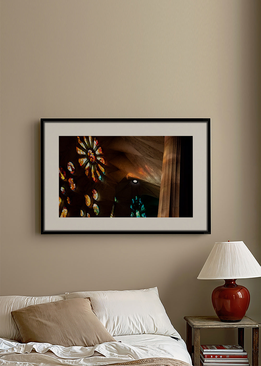 Architectural photograph of stained glass and warm light