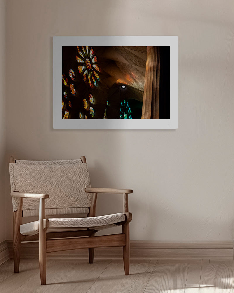 Architectural photograph of stained glass and warm light
