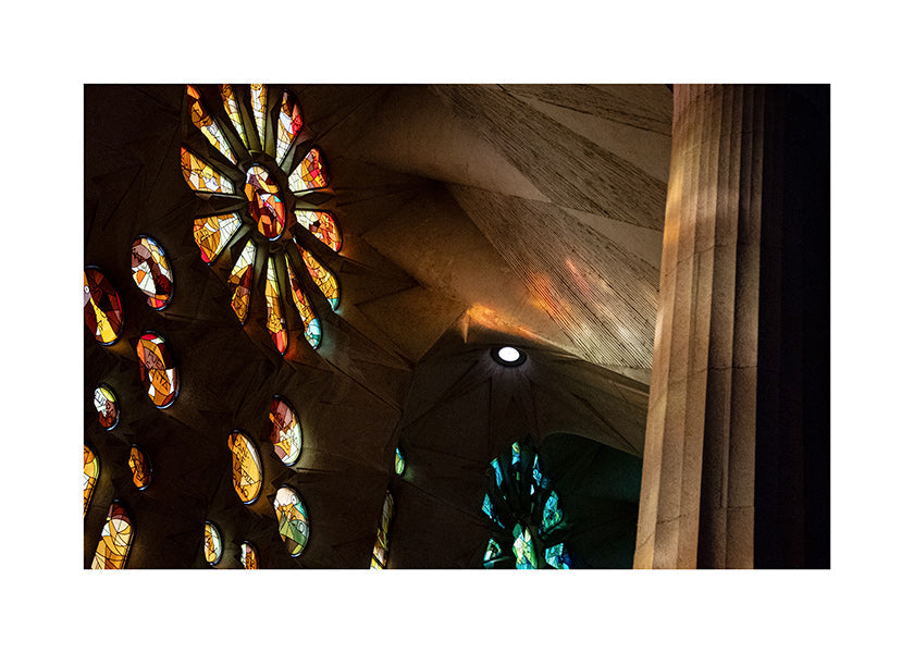 Architectural photograph of stained glass and warm light