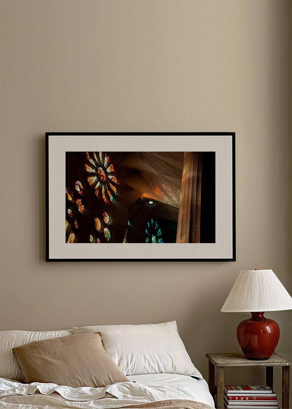 Architectural photograph of stained glass and warm light