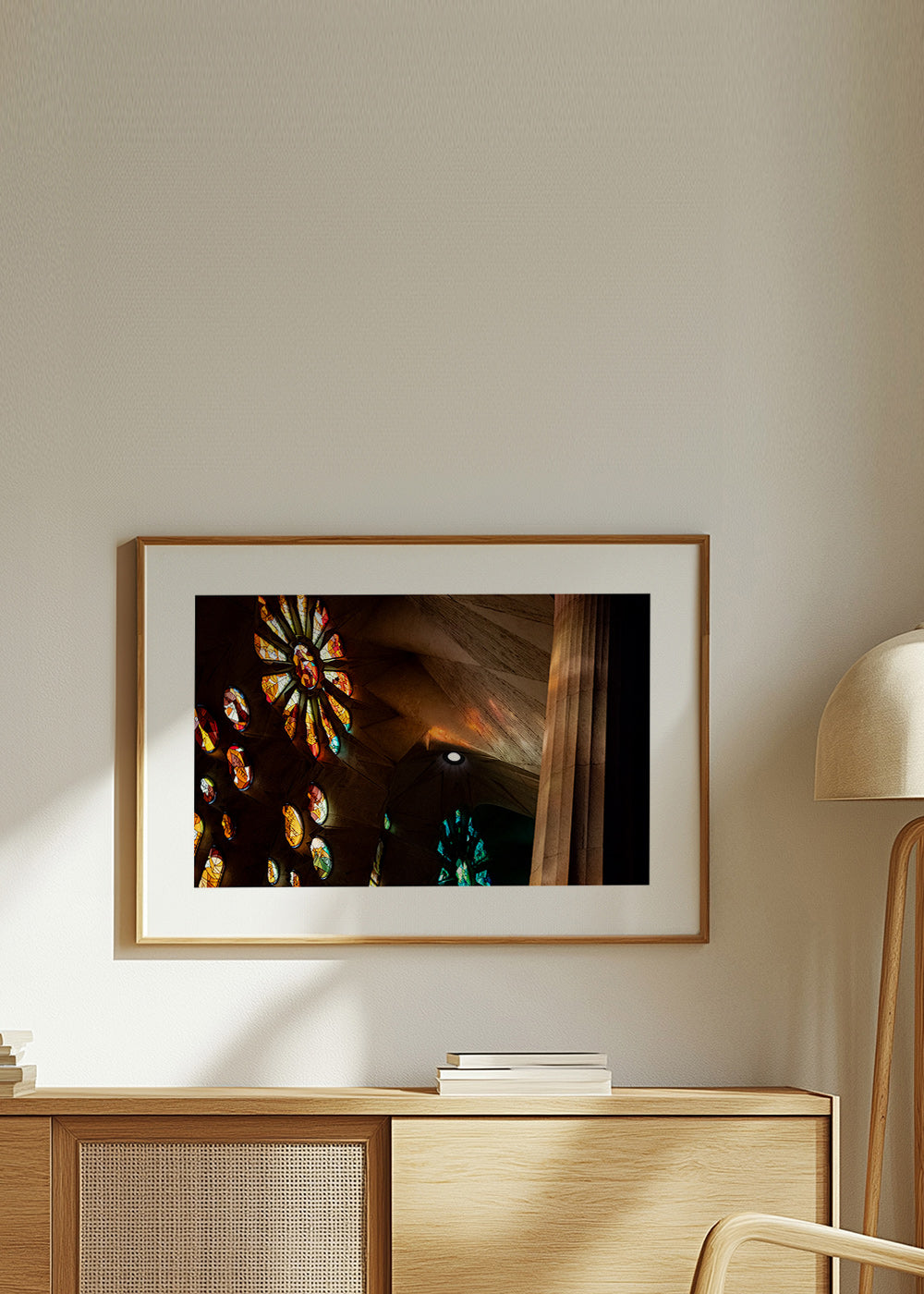Architectural photograph of stained glass and warm light