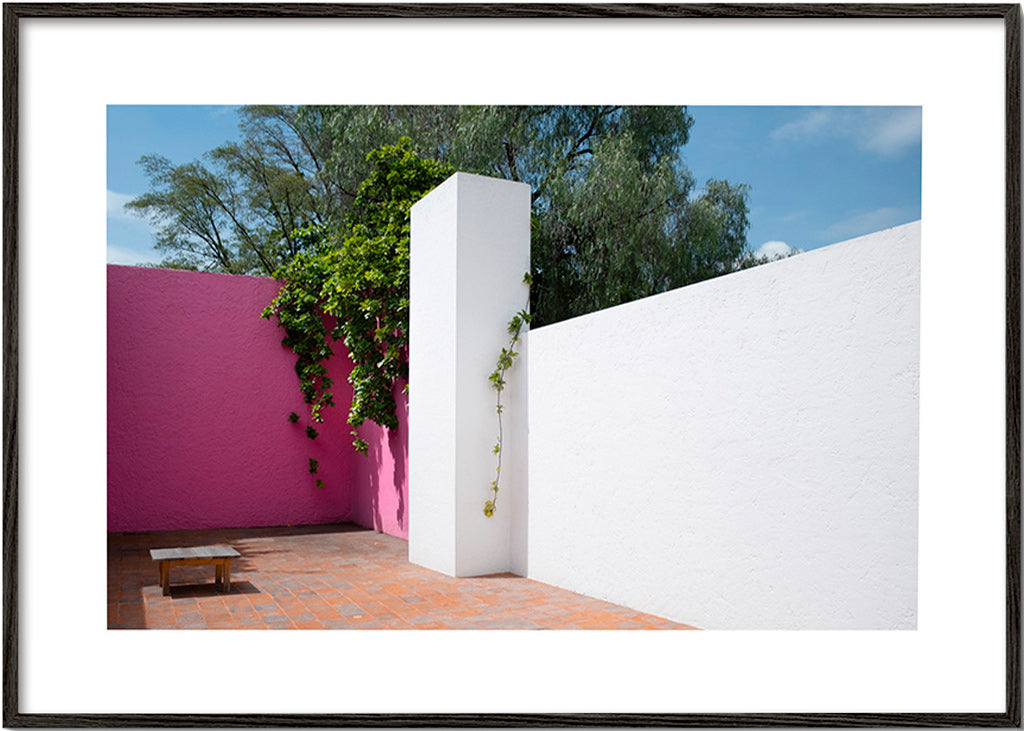 Minimalist design courtyard in pink and white