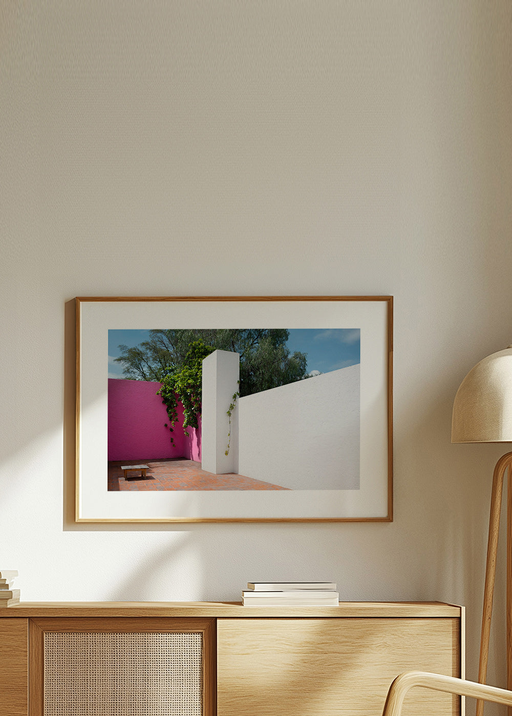 Minimalist design courtyard in pink and white