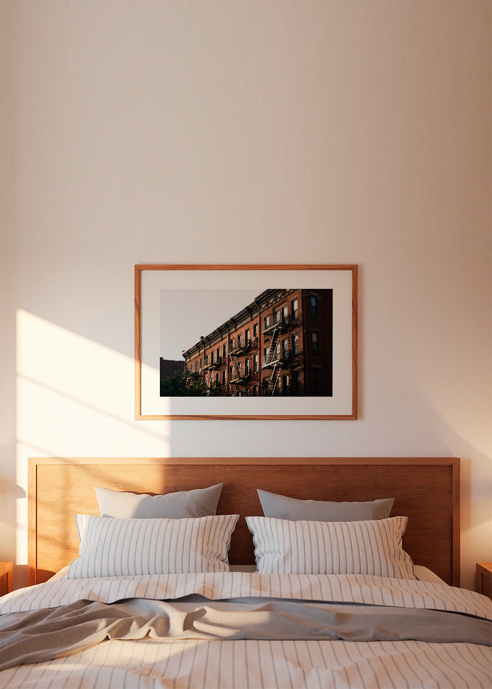 Travel poster: New York brownstone facade with fire escapes