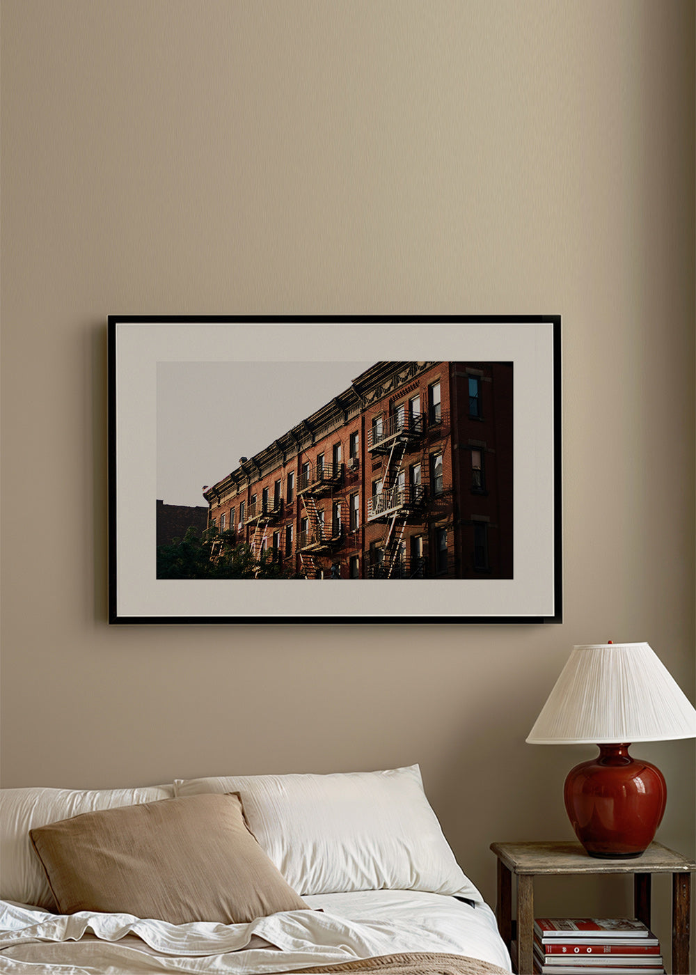 Travel poster: New York brownstone facade with fire escapes