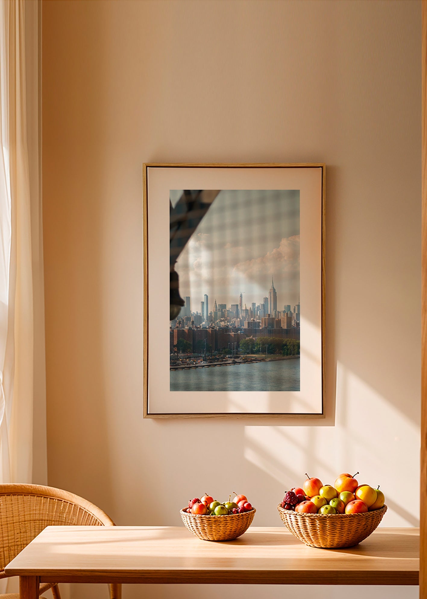 City print showing skyline through a window