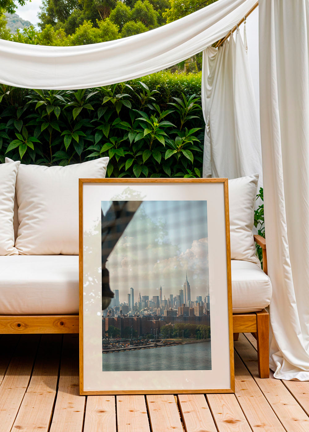 City print showing skyline through a window