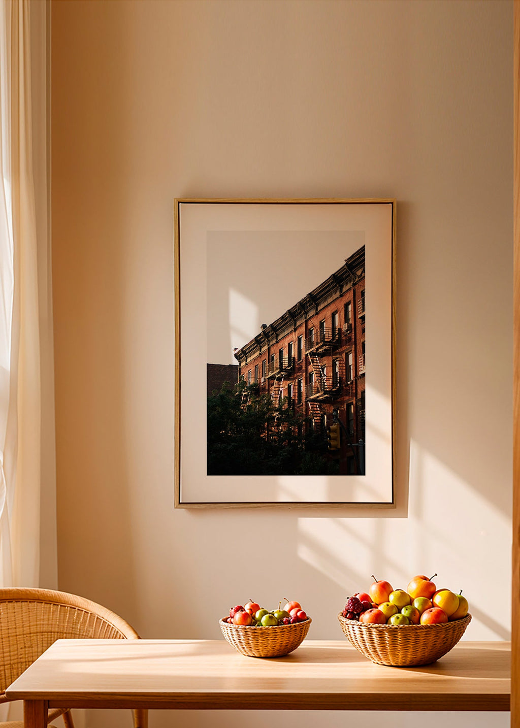 City print of brick facades and fire escapes