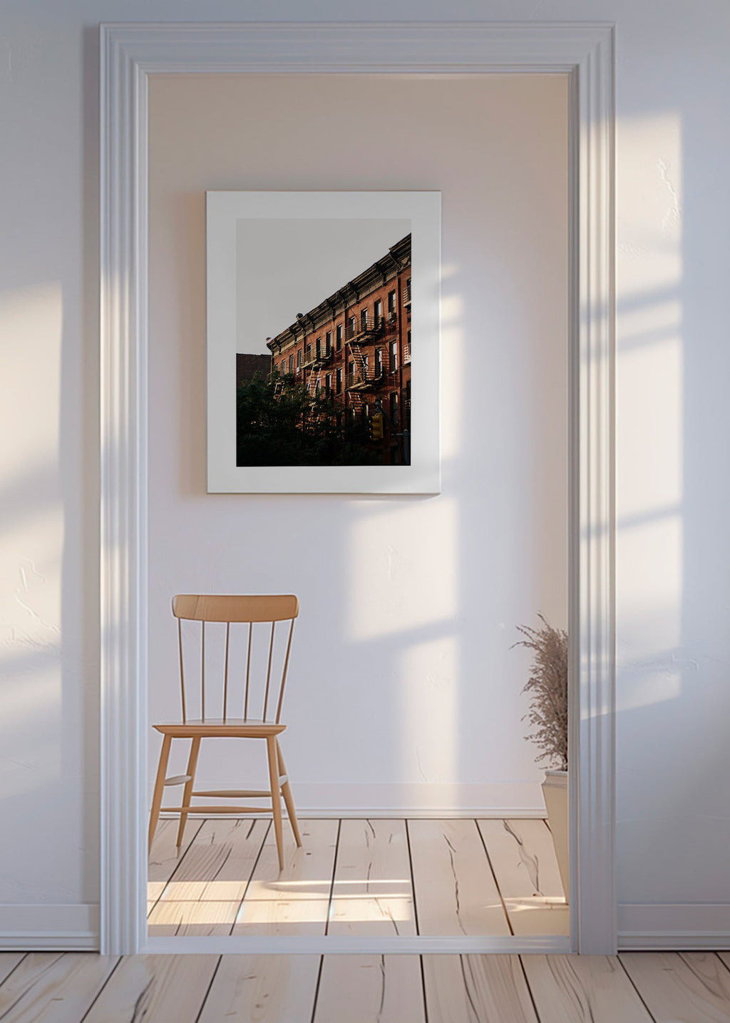 City print of brick facades and fire escapes