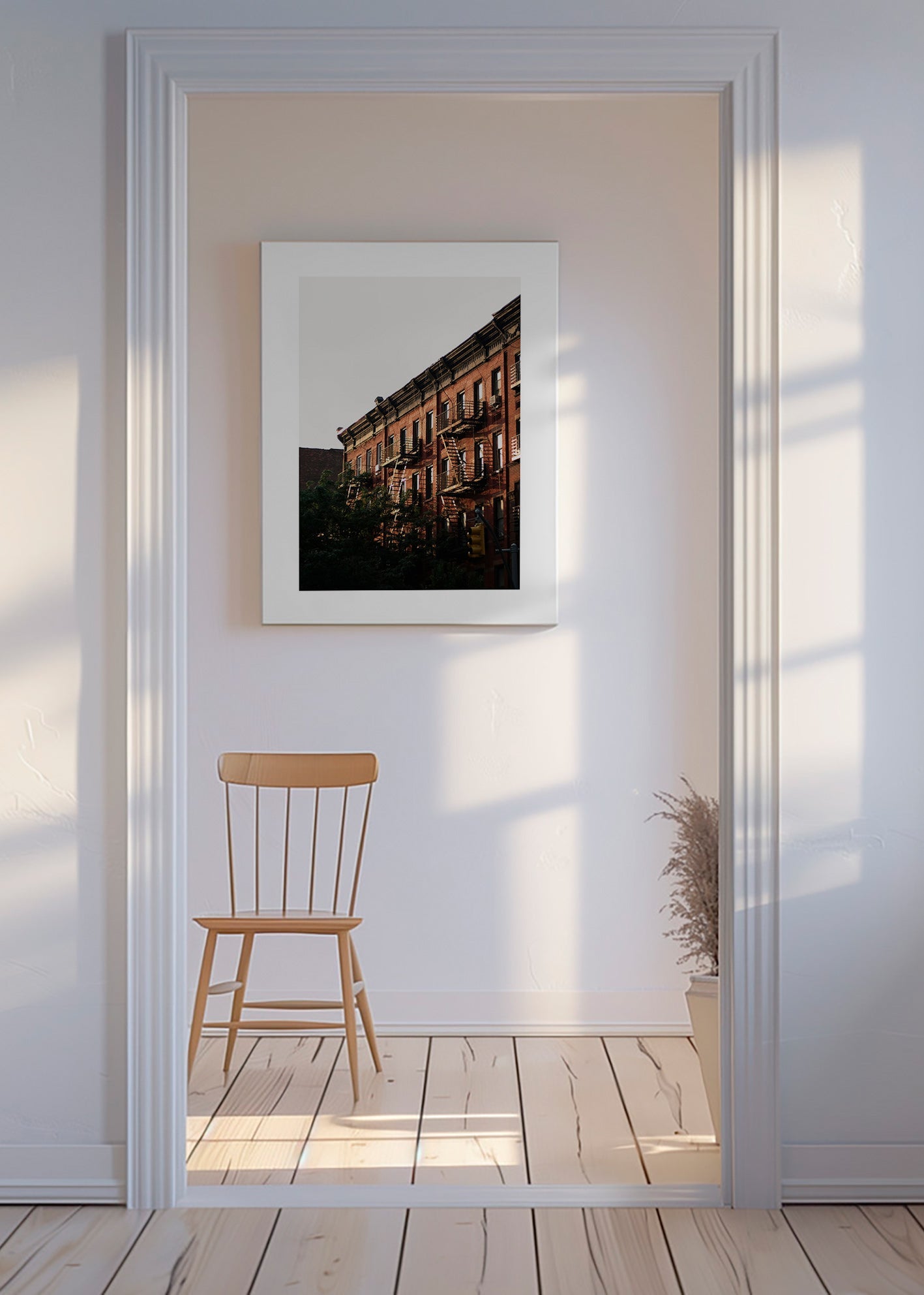 City print of brick facades and fire escapes