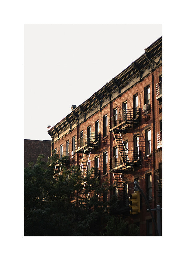 City print of brick facades and fire escapes
