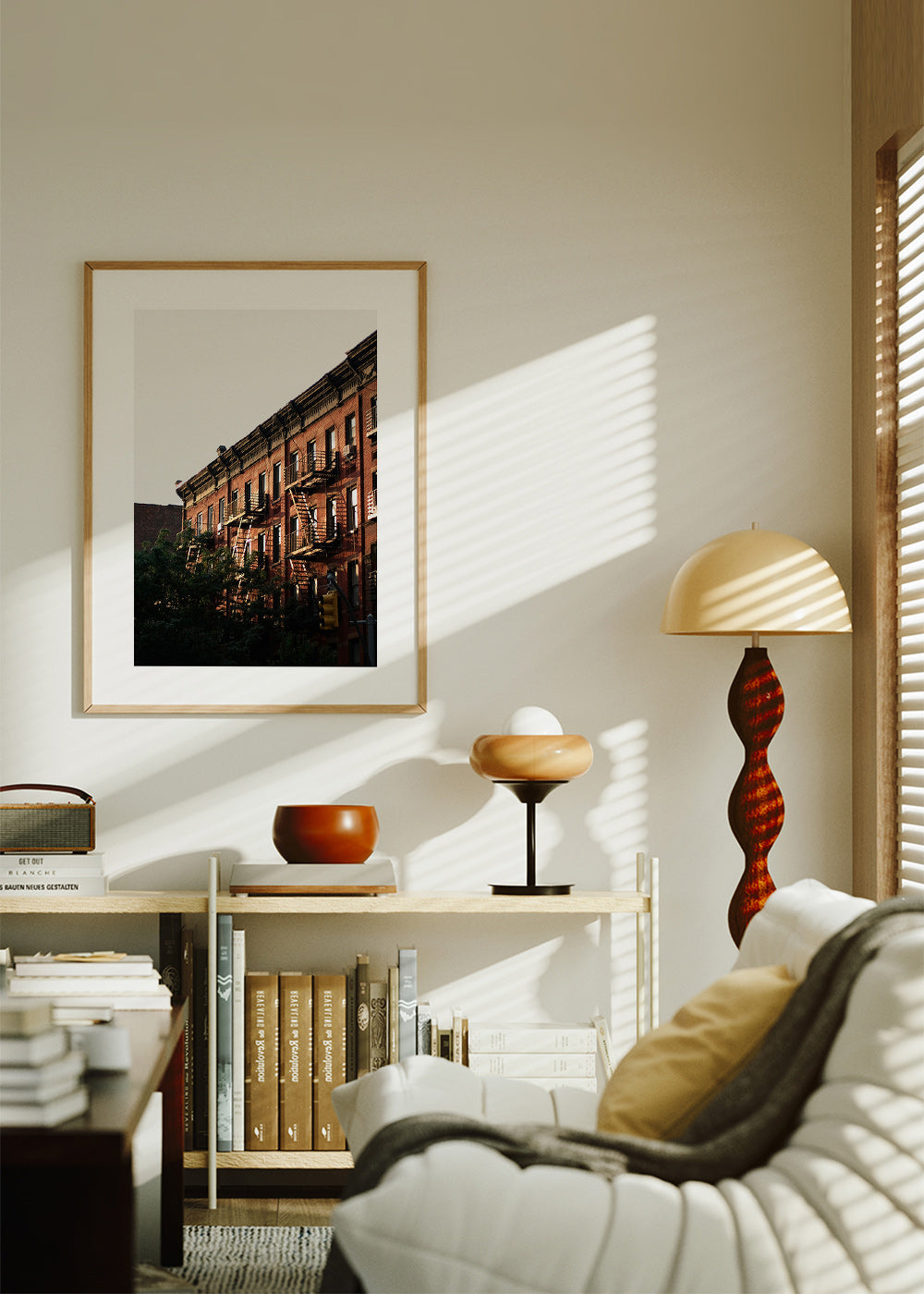 City print of brick facades and fire escapes