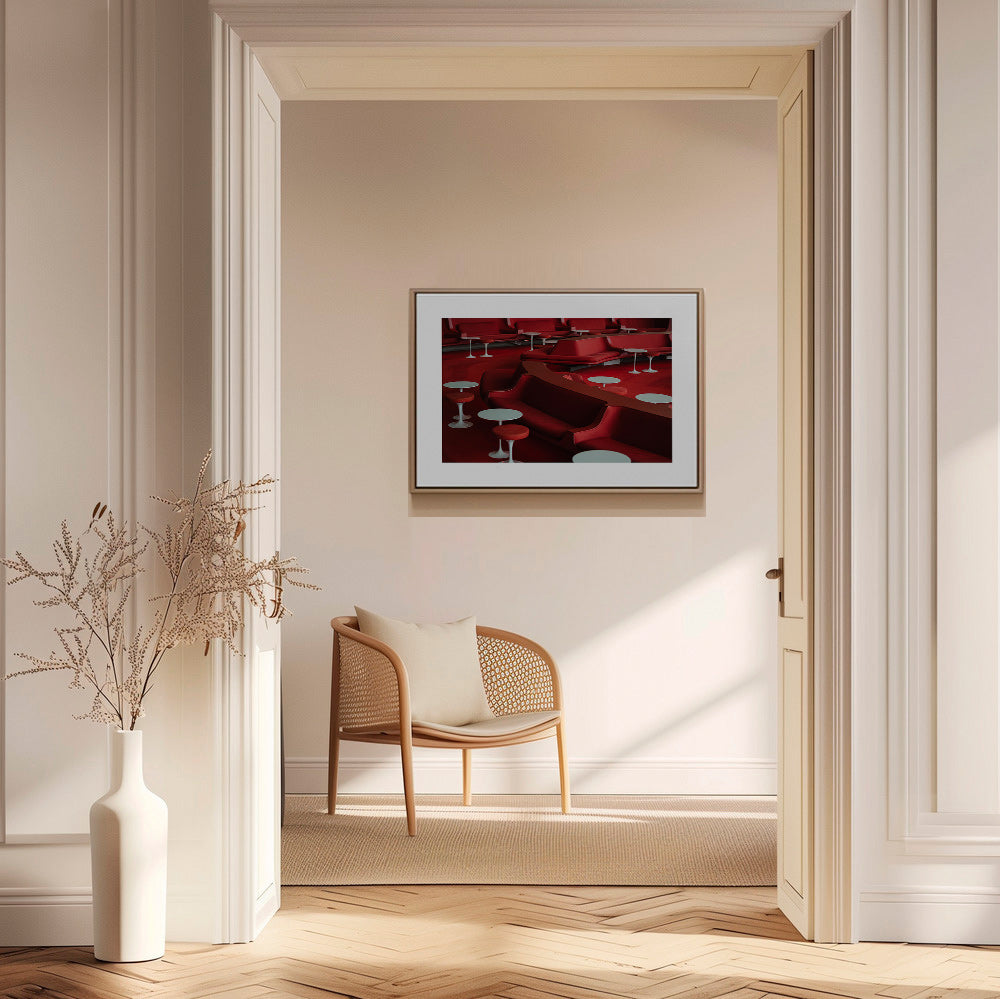 Red lounge photograph with curved seating
