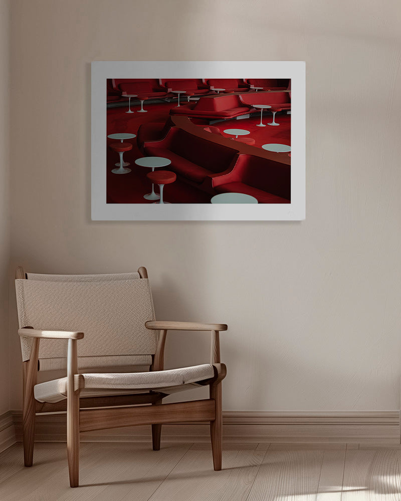 Red lounge photograph with curved seating