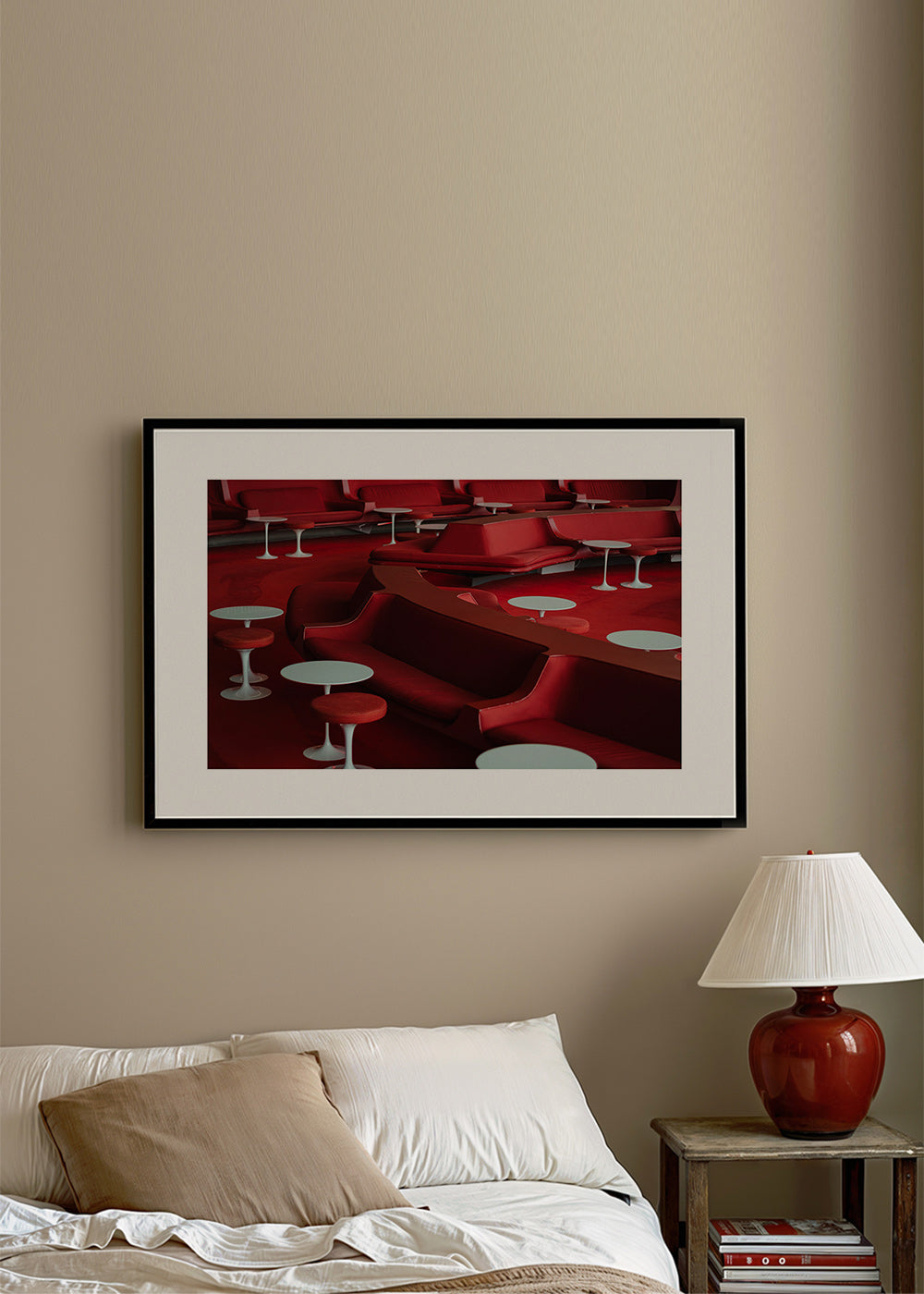 Red lounge photograph with curved seating