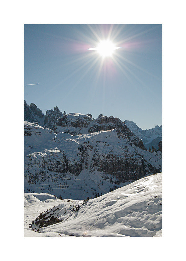 Landscape art: snowy peaks under bright sun