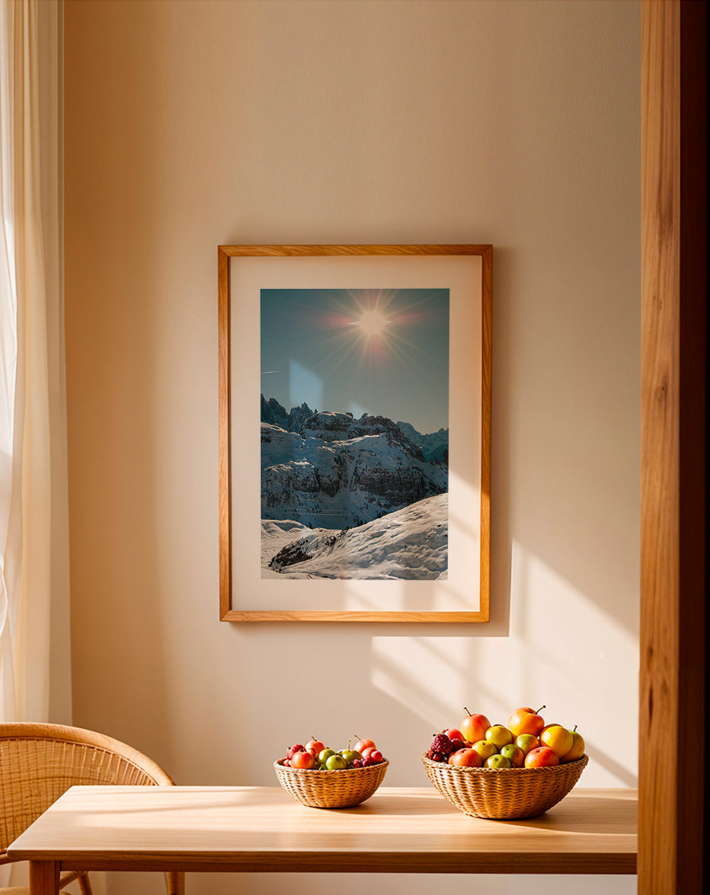 Landscape art: snowy peaks under bright sun
