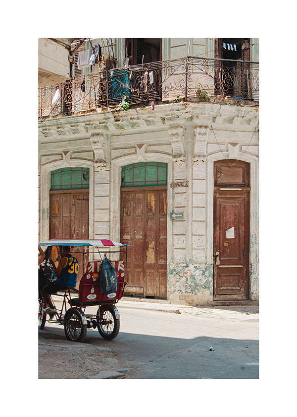Travel poster: Havana street with colorful rickshaw