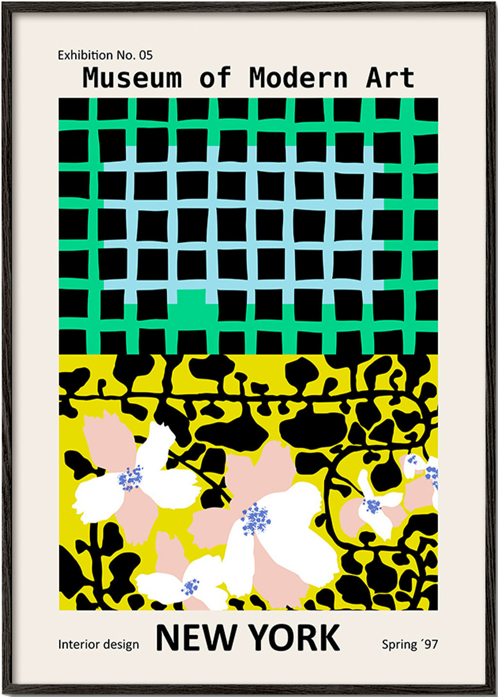 Cuadro de ciudades: póster tipográfico New York con motivos florales – Black Frame