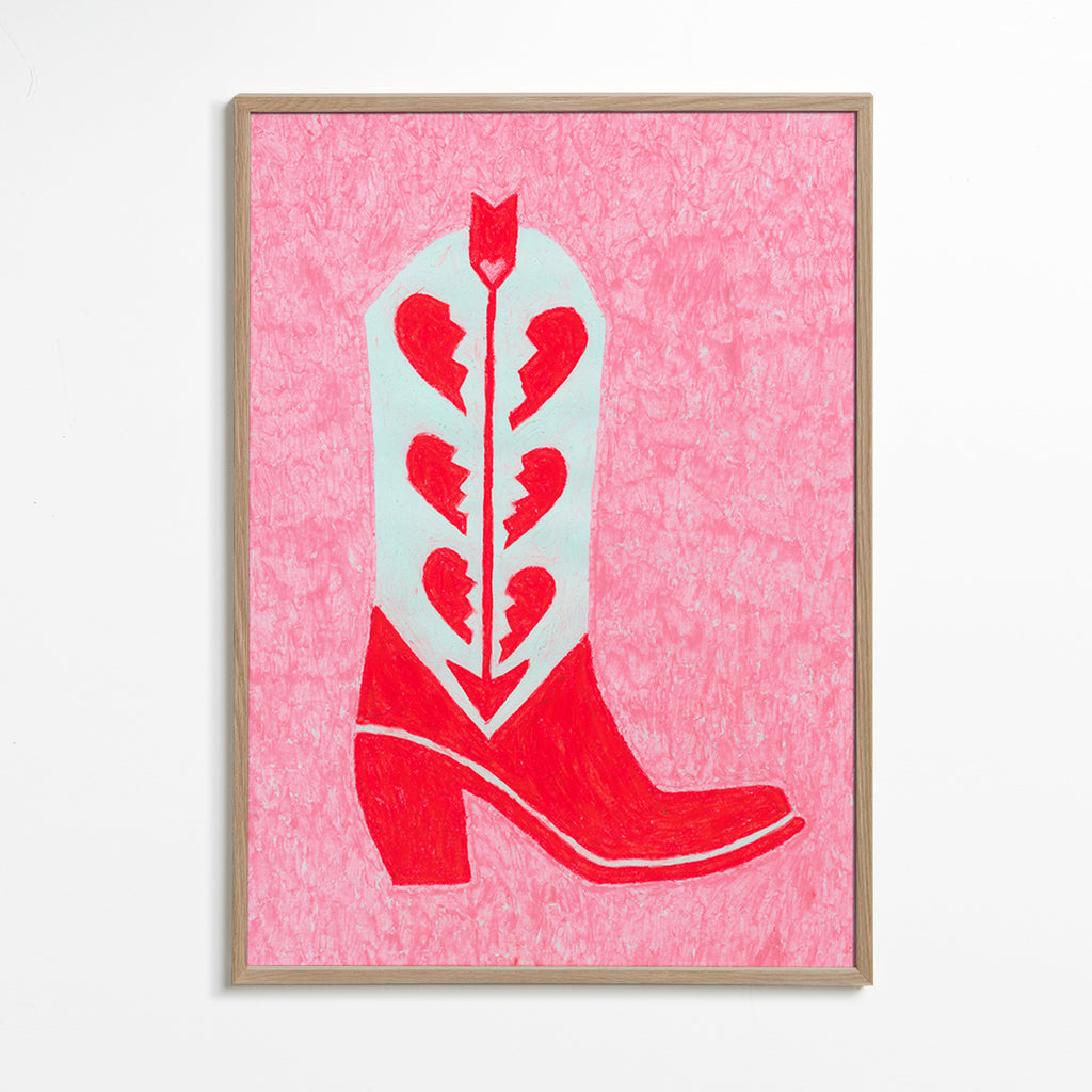 Ilustración de botín vaquero rojo con corazones rotos – Oak Frame