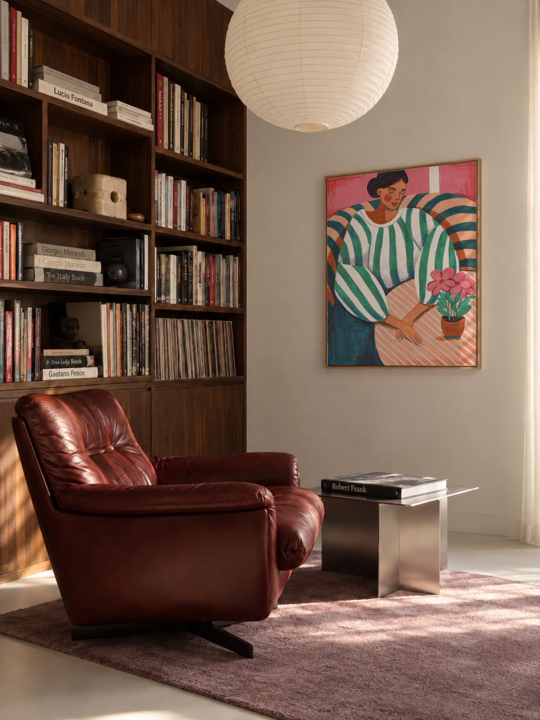 Woman in stripes in thought - Framed canvas in an interior