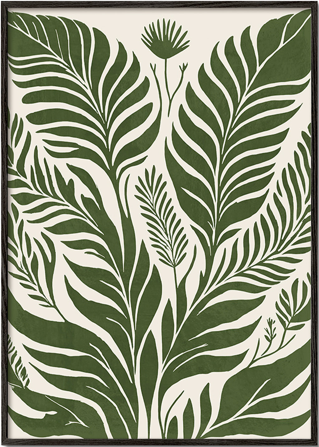 Lámina botánica de hojas verdes sobre fondo beige – Black Frame