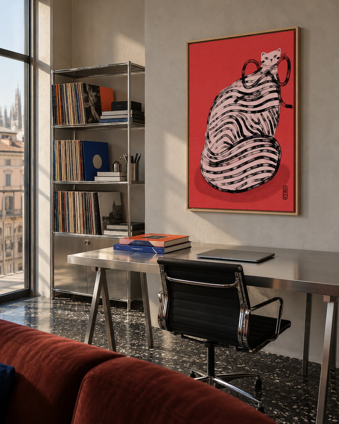 Black and White Stripe Cat Illustration Poster - Framed canvas in an interior
