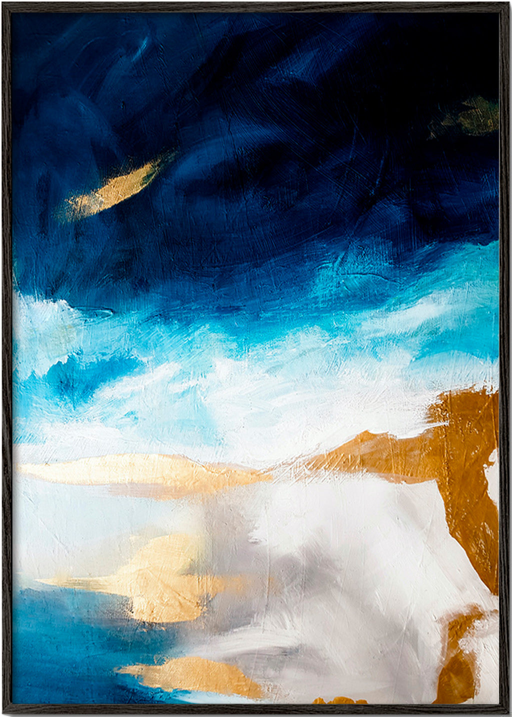 Cuadro abstracto azul y dorado en textura – Black Frame
