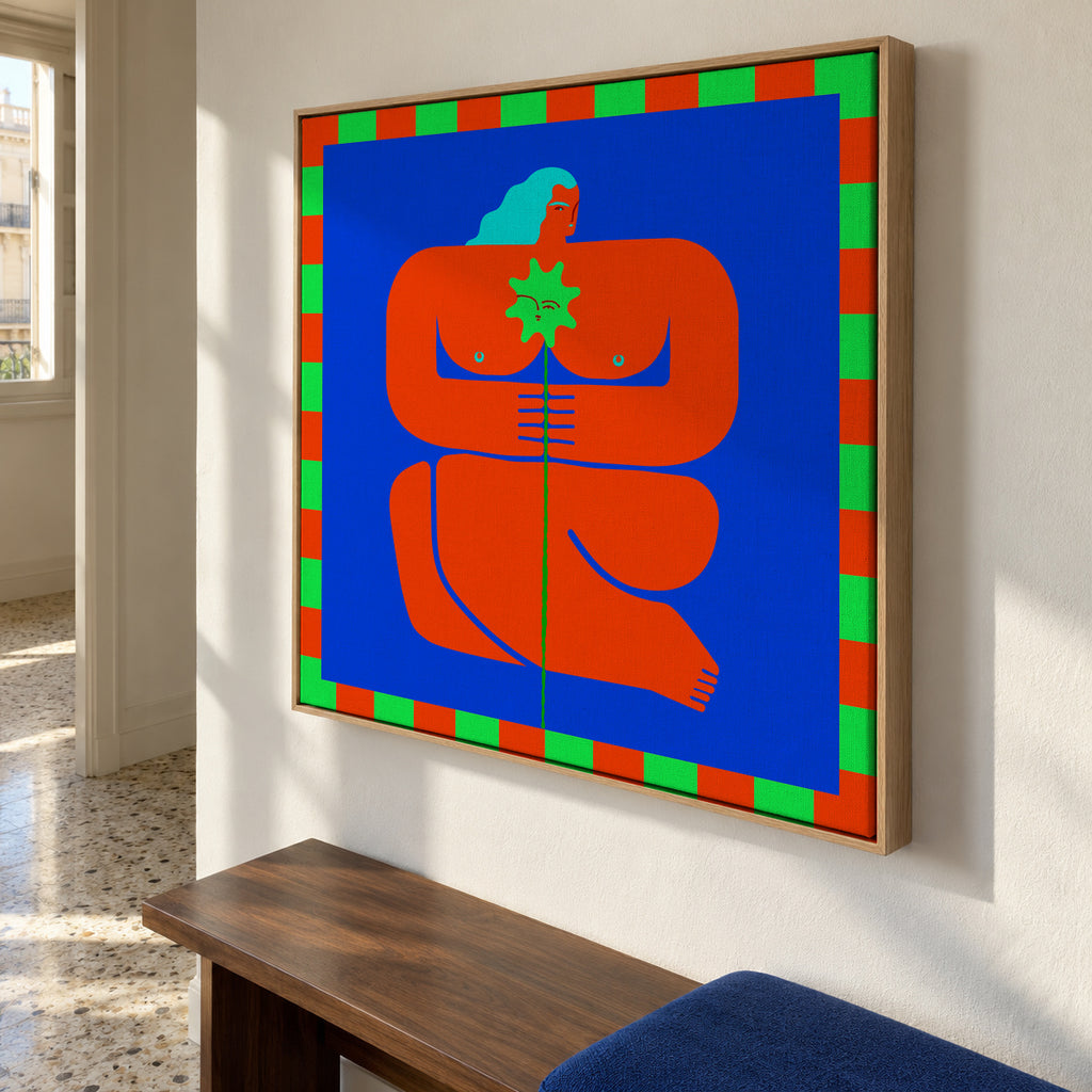 Stylized Human Form with Vibrant Orange and Blue Hues - Framed canvas in an interior