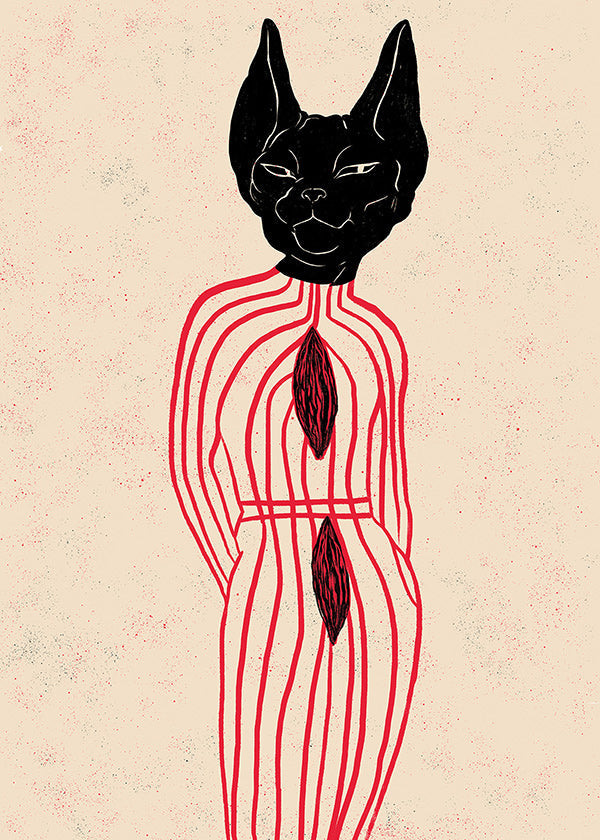 Cuadro gato estilizado con líneas rojas