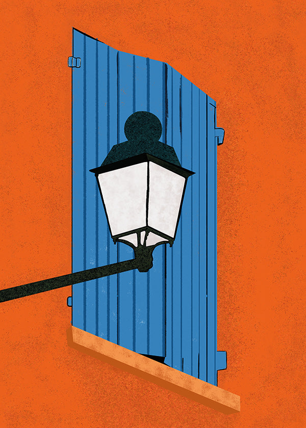 Ilustración de ventana y farol en persiana azul