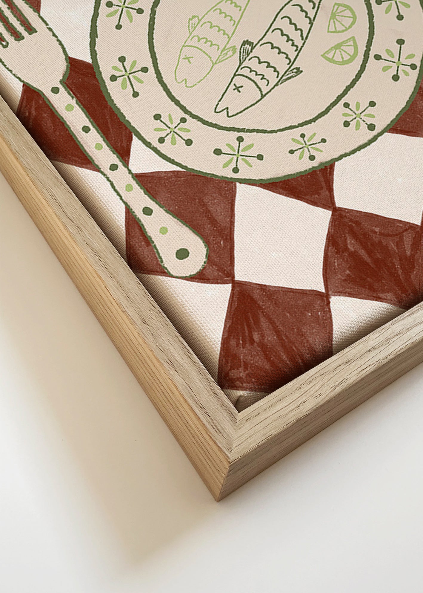 Cuadro de cocina con plato de pescado y mantel de rombos – Canvas detail