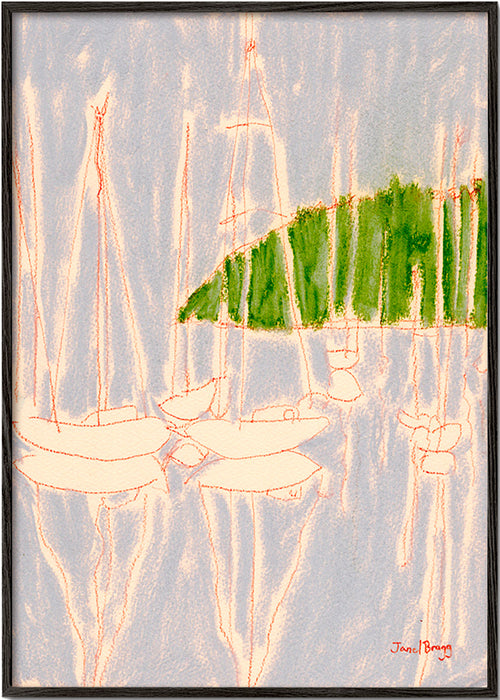 Cuadro de paisaje con veleros y colina verde – Black Frame