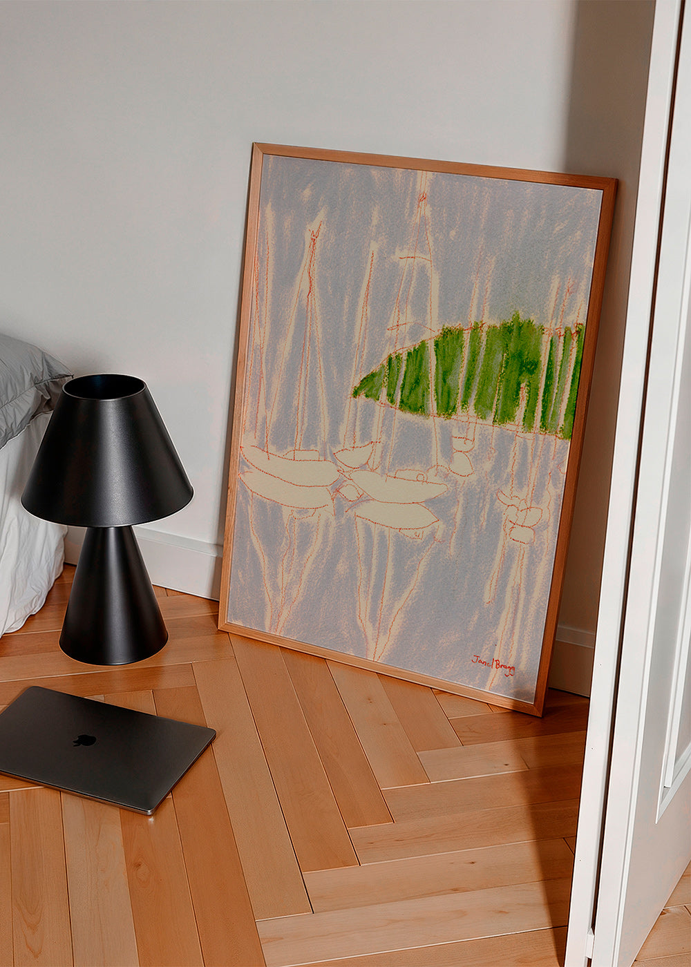 Cuadro de paisaje con veleros y colina verde – Product2