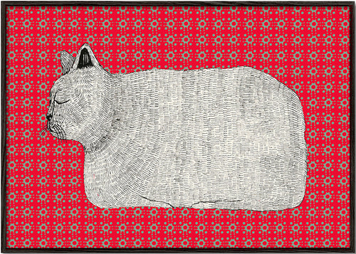 Cuadro gato en perfil sobre patrón rojo – Black Frame