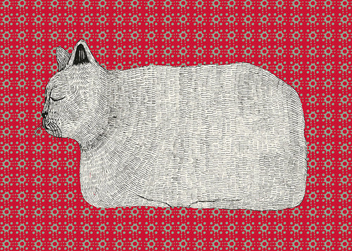 Cuadro gato en perfil sobre patrón rojo